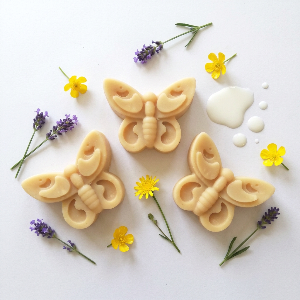 Three pale yellow butterfly-shaped soaps arranged on a white background with decorative yellow flowers and lavender sprigs. A small dollop of white liquid soap is visible on the right side.