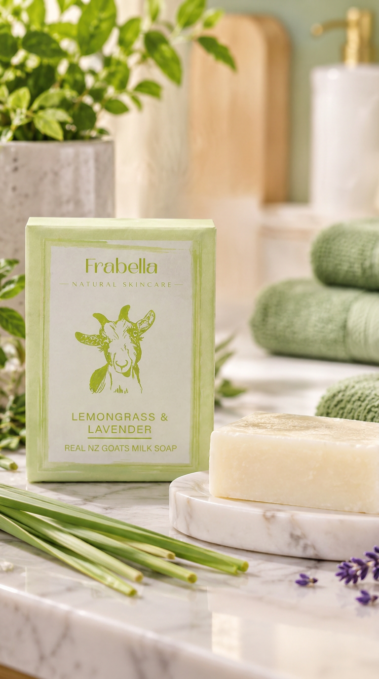 Frabella Lemongrass & Lavender goat milk soap bar with its light green packaging box, styled on a marble countertop with green herbs, a bar of soap on a marble dish, and green towels in the background.