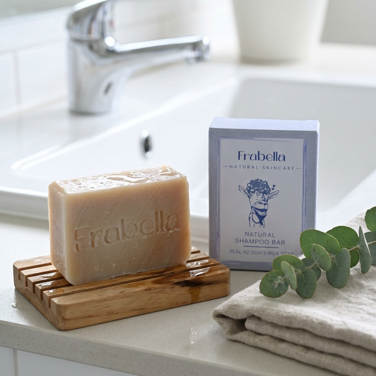 A bar of Frabelba soap on a wooden soap dish next to its blue and white packaging box, set on a bathroom counter with a faucet, plants, and folded towels in the background.