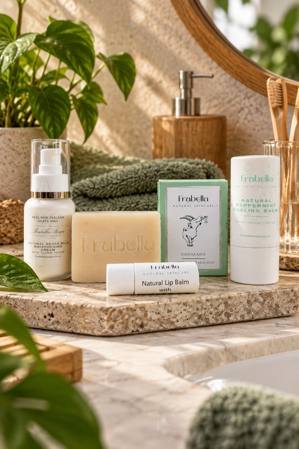 A collection of Frabella natural skincare products arranged on a stone tray in a bathroom setting, including a pump bottle, a bar of soap, a tube, and a lip balm, with a mirror, soap dispenser, and green plants in the background.