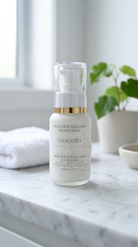 A bottle of Frabello Real New Zealand Goats Milk Moisturising Cream sits on a white marble countertop in a bright bathroom setting, with a folded white towel, a potted plant, and a small bowl blurred in the background.