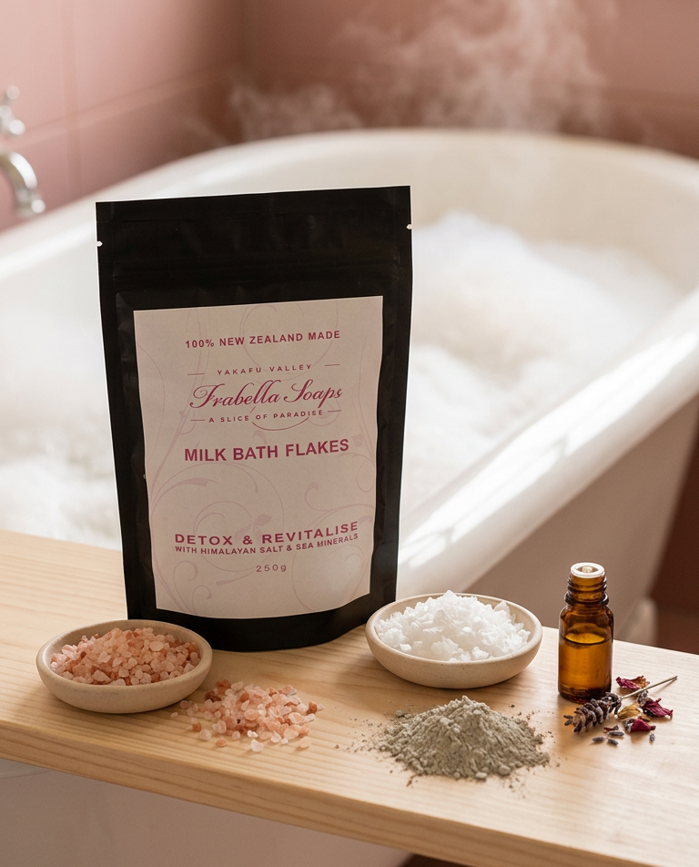 A black stand-up pouch of milk bath flakes stands on a wooden bath mat in a bathroom setting, with bowls of bath salts, loose herbs, and a small amber bottle arranged around it. Steam rises from a white bathtub in the background.